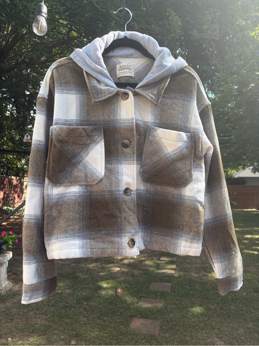 Ashley 26 International Women’s XL Plaid Hooded Shacket Brown Cream Oversized